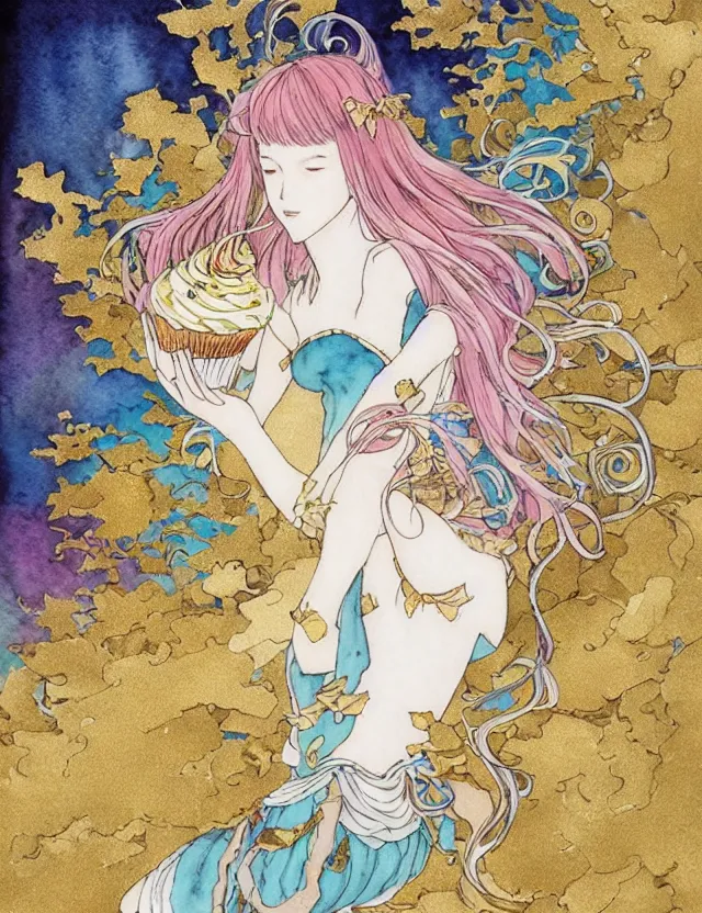 Prompt: faerie spirit of cupcakes, lost in the mountains. this watercolor and gold leaf work by the award - winning mangaka has a beautiful composition and intricate details.