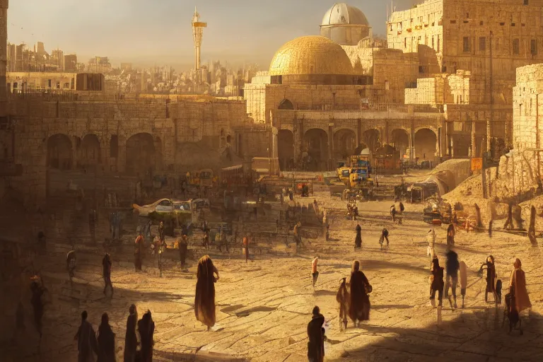 Image similar to robotic futristic jerusalem city, matte painting, long shot, concept art, wide shot, digital art, trending on artstation, 4 k, extremely detailed, realistic, midday, warm colors, golden sunlight, by greg rutkowski, cinematic, epic