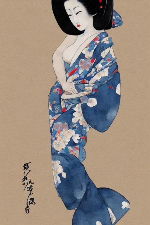 Image similar to extremely sensual geisha full body, one uncovered shoulder, different point of view, digital art, 8k, character, realistic, portrait, photorealism, japan watercolour, masterpiece art