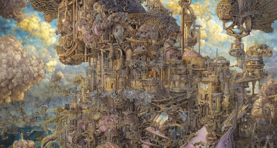 Image similar to pastel colours, guido borelli da caluso, richard dadd, smooth paper with detailed line work, Mandelbulb, Exquisite detail perfect symmetrical, silver details, hyper detailed, bold intricate ink illustration, smooth textures, steampunk, smoke, neon lights, starry sky, steampunk city, liquid polished metal, by jesper ejsing