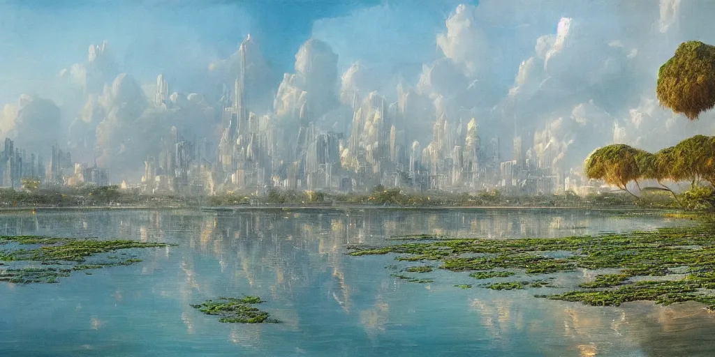 Image similar to a beautiful painting of a A paradisiacal landscape of a sea lagoon and city built on water, calm vibes, megascan texture, by John Howe, Trending on Artstation, Landscape vista