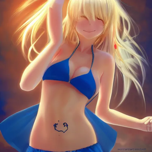 Image similar to full body shot : a very beautiful young blond tennis anime girl in golden chains, sky blue eyes,, tattoo, bikini, miniskirt, highly detailed, cinematic wallpaper by stanley artgerm lau