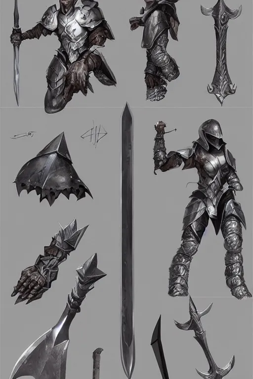 Image similar to item concept art on grey background of metallic shadow axe sword and armor by artgerm and Craig Mullins, James Jean, Andrey Ryabovichev, Mark Simonetti and Peter Morbacher 16k