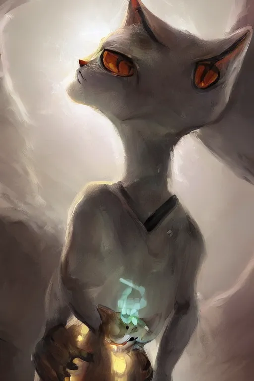 Prompt: a fullbody pose of humanoid cat, beautiful clean oil painting a anthropomorphic cat in a cats city from the top of a roof pinterest, artstation trending, behance, silver, laser light, trending on furaffinity, backlighting, cartoon, by kawacy