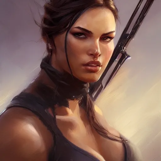 Image similar to portrait of a beautiful muscular lara croft with plump lips, elegant, fantasy, hd shot, digital portrait, beautiful, artstation, comic style, by artgerm, guy denning, jakub rozalski, magali villeneuve and charlie bowater