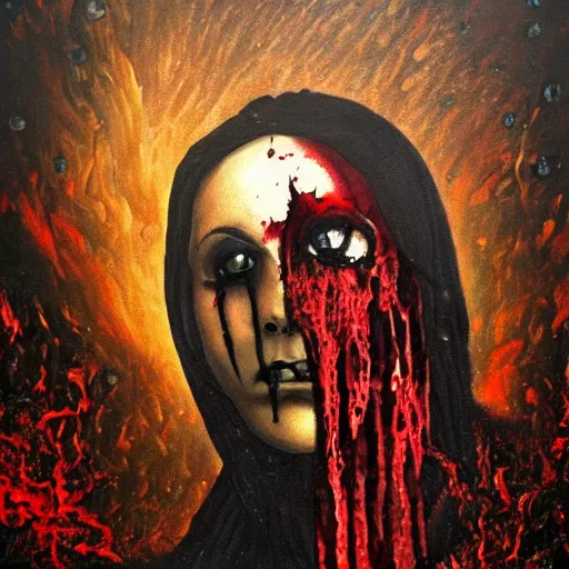 Prompt: a picture painted with ashes and blood of a dark cruel god.