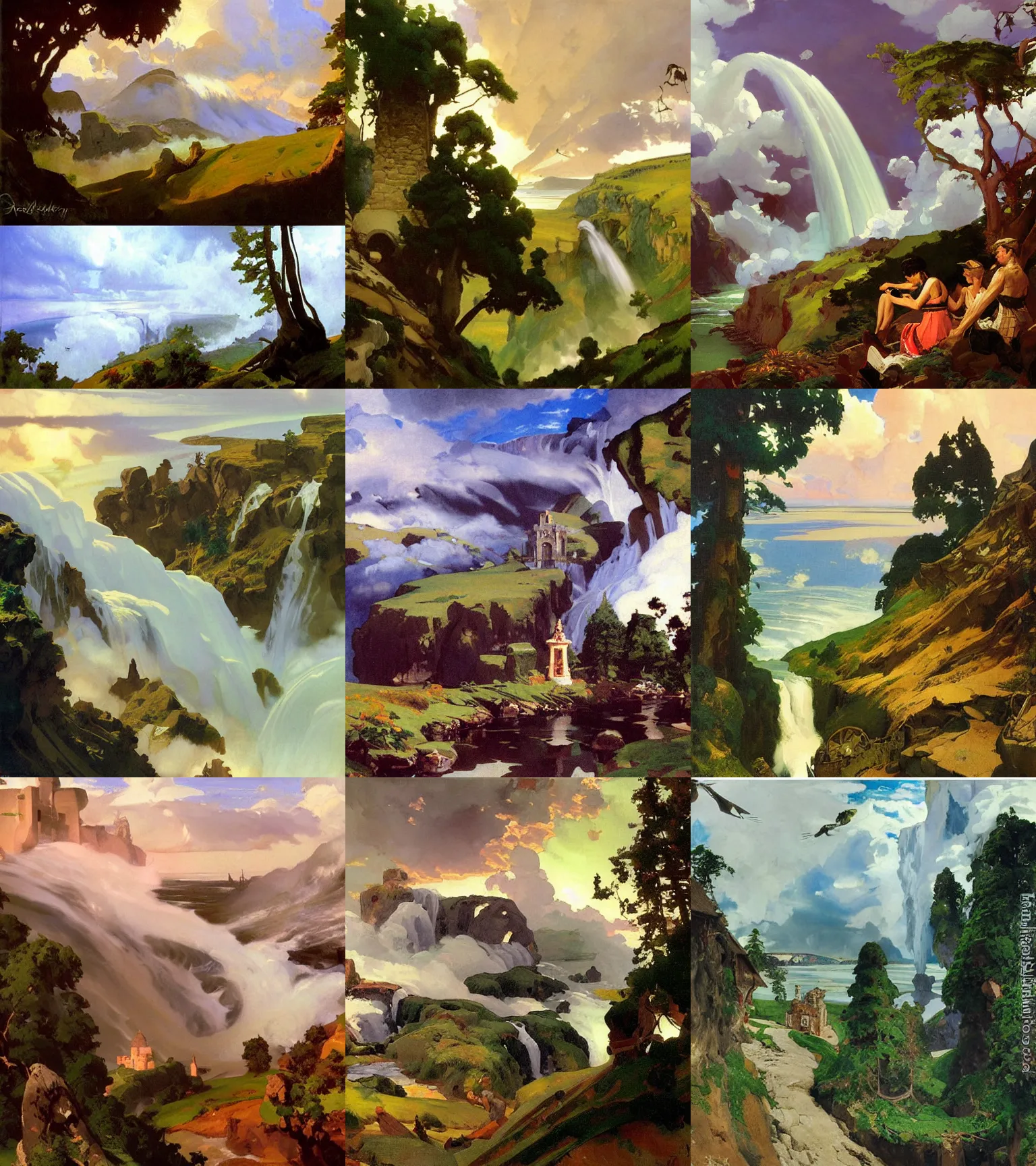 Prompt: painting by sargent and leyendecker and greg hildebrandt, apollinaris vasnetsov, savrasov levitan polenov, studio ghibly style mononoke, huge old ruins, middle earth above the layered low clouds waterfall road between forests big lake wide river trees sunrise sea bay view faroe azores overcast storm masterpiece