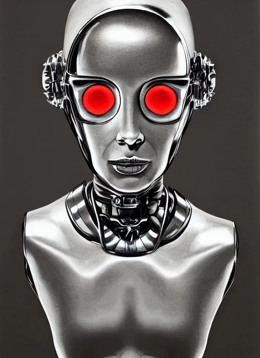 Image similar to portrait of robot queen with chrome skin and sodium dome car headlights for eyes