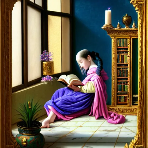 Image similar to a highly detailed fantasy pastel oil painting of a young wizard in ornate clothing lounging on a purpur pillow on the marble floor in front of her bookcase, studying an ancient tome. to the side is a potted plant and some blue candles. ancient oriental fantasy setting. in the style vermeer, yoshitaka amano and mark tedin