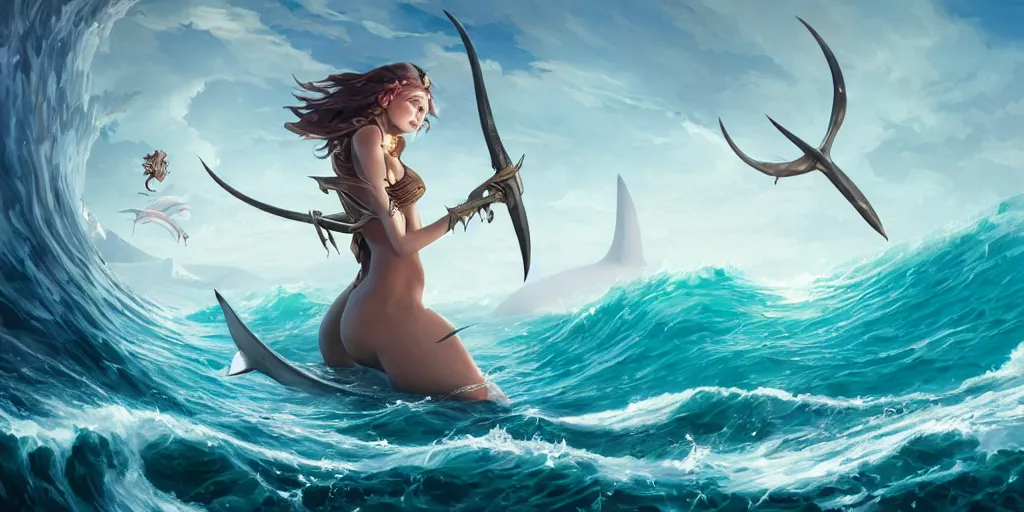 Prompt: close up of a extremely beautiful and aesthetic shark tooth girl holding a symmetrical trident on the horizon, model pose, slightly smiling, big wave, big blade whale fighting against thorn sharks flying on the background, epic scene, fantasy illustrations, by peter mohrbacher and makoto shinkai and ferdinand knab