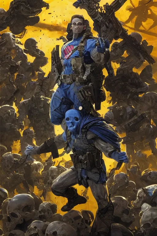 Image similar to A super soldier with a Ukrainian blue and yellow flag is standing on a pile of skulls, Call of Duty, marvel comics, dark, intricate, highly detailed, smooth, artstation, digital illustration by Ruan Jia and Mandy Jurgens and Artgerm and Wayne Barlowe and Greg Rutkowski and Frank Frazetta