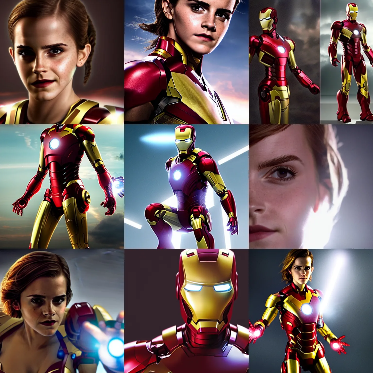 Prompt: Emma Watson as Iron Man, cinematic lighting, highly detailed