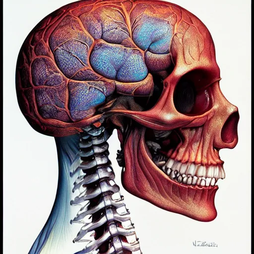 Prompt: nightmare etherreal iridescent vascular nerve bundles pearlescent spinal chord skull horror by Naoto Hattori, Zdzislaw, Norman Rockwell, Studio Ghibli, Anatomical cutaway