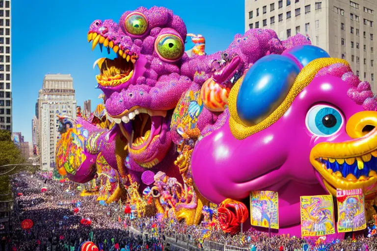 Image similar to photo of giant beautiful elaborate parade float monster designed by lisa frank and geof darrow, in the macys parade, detailed 4 k photo, gigapixel, hyperdetailed