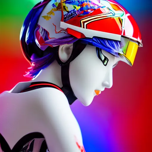 Prompt: extremely beautiful photo of a white marble statue of an anime girl with colorful motocross logos and motorcycle helmet with closed visor, colorful smoke in the background, carved marble statue, fine art, neon genesis evangelion, highly detailed, 8 k, hyperreal