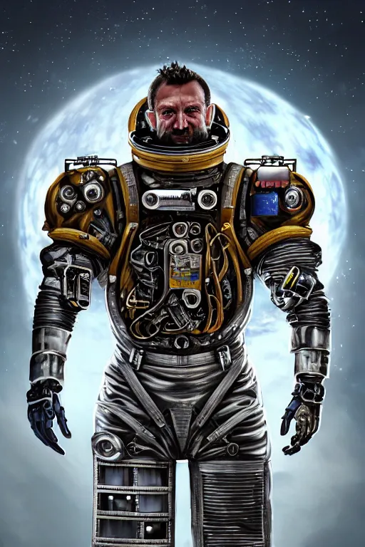 Image similar to a portrait of a muscular anthropomorphic cyberpunk highland cattle space mechanic in spacesuit armor with ensignia on chest plate by sandra chevrier, by jon foster, detailed render, pistol in holster, tape deck, epic composition, cybernetics, 4 k realistic, cryengine, realistic shaded lighting, sharp focus, masterpiece, by enki bilal