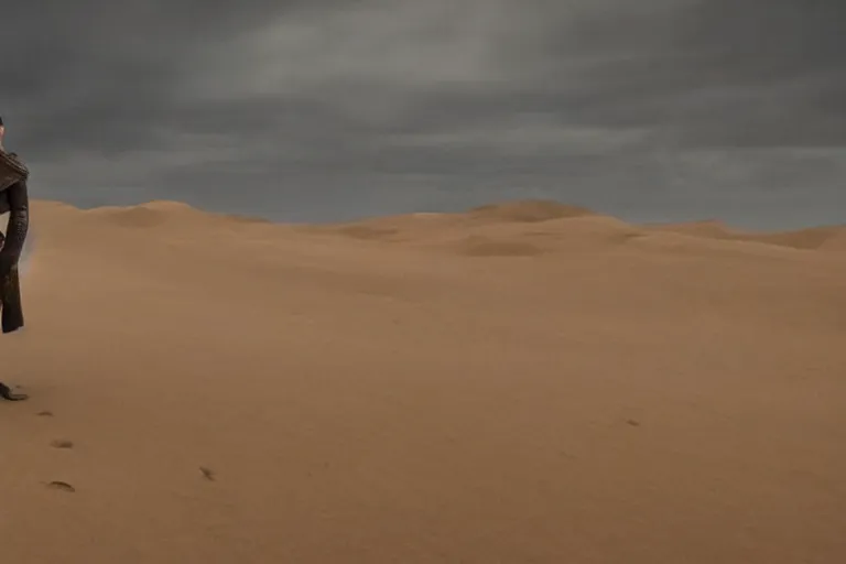 Image similar to a cinematic wide angle shot of a man in his early twenties, in the 2 0 2 1 movie dune, stormy weather, dry, film still, cinematic, dramatic lighting, by zack snyder
