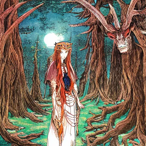 Image similar to illustration of a magical tribal sorceress with a huge majestic stag in a forest by hayao miyazaki and jean giraud moebius, highly detailed digital painting, concept art