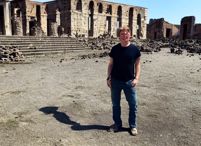 Prompt: a screencap of Tom Scott standing in Pompeii during the eruption