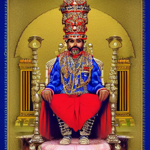 Prompt: the king of india sitting on a throne, detailed face with red lips, blue eyes and large forehead, moody atmosphere, digital art, highly detailed, high contrast, beautiful lighting, award winning, trending on art station, photorealistic, 8 k,