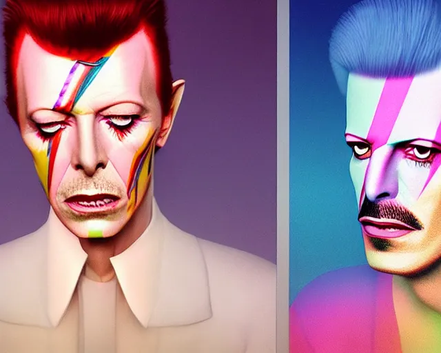 Image similar to david bowie and freddy mercury starring at the camera, neutral face, 4k, pastel colours, by beeple, album cover