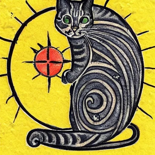 Image similar to tattoo sketch of a cat hugging the sun, on a yellow paper, byzantium ornament, tribal