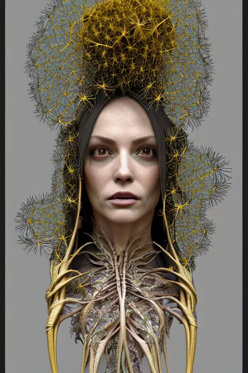 Image similar to intricate hyper detailed ultra sharp 3 d render of a witch profile portrait, 1 5 0 mm art nouveau, haute couture alexander mcqueen leaves stems dahlia transparent fractal dandelion yellow pistil filigree roots, intricate details, anatomical, flesh ornate, facial muscles, cable wires, elegant, hyper realistic, ultra detailed, octane render, volumetric cinematic lighting, 8 k post - production