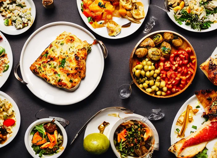 Prompt: dslr food photograph of mediterranean dinner spread, 8 5 mm f 1. 8