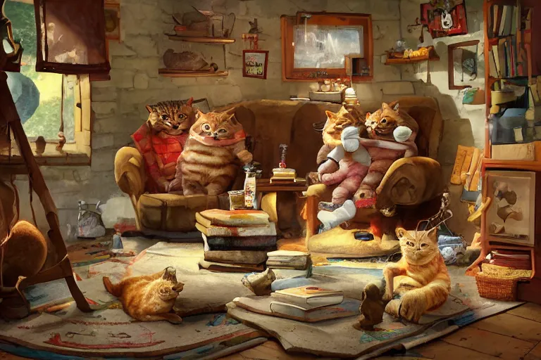 Image similar to short fat anthropomorphic cats wearing trousers and shirts. they live underground in a cave, kitchen table, stove, fridge, sink, armchairs, cosy fireplace, stack of books on side table, colourful rug on floor by fireplace, pictures of family on wall, soft, cosy, craig mullins, james gurney, detailed watercolour, texture, highly detailed, movie scene, illustrative, hd, 4k