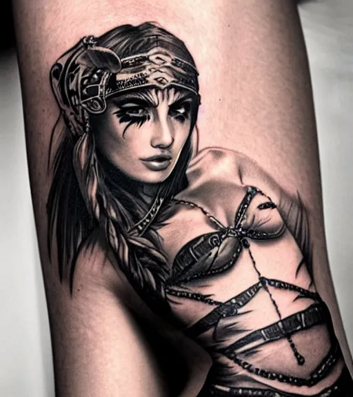 Image similar to tattoo design of a beautiful girl warrior under a tiger head, hyper realistic, realism tattoo, by eliot kohek, beautiful eyes, realistic face, black and white, white background