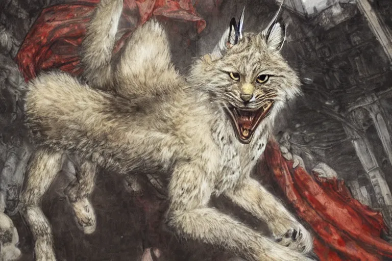 Image similar to 8k Yoshitaka Amano painting of upper body of a young cool looking lynx beast-man with white mane at a medieval market at windy day. Depth of field. He is wearing complex fantasy armors. He has huge paws. Renaissance style lighting.