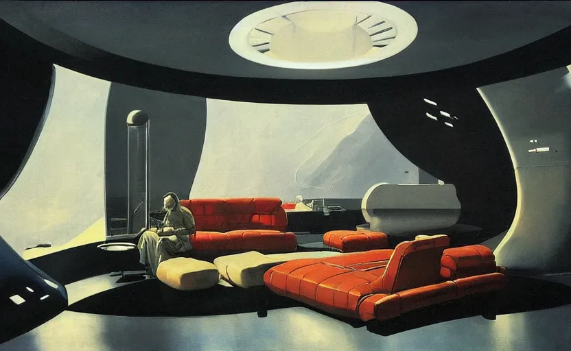 Image similar to a futuristic minimalist lounge room with a big window opening up to a wide open meadow with billowing clouds in the sky. highly detailed science fiction painting by norman rockwell, frank frazetta, and syd mead. rich colors, high contrast, gloomy atmosphere. trending on artstation.