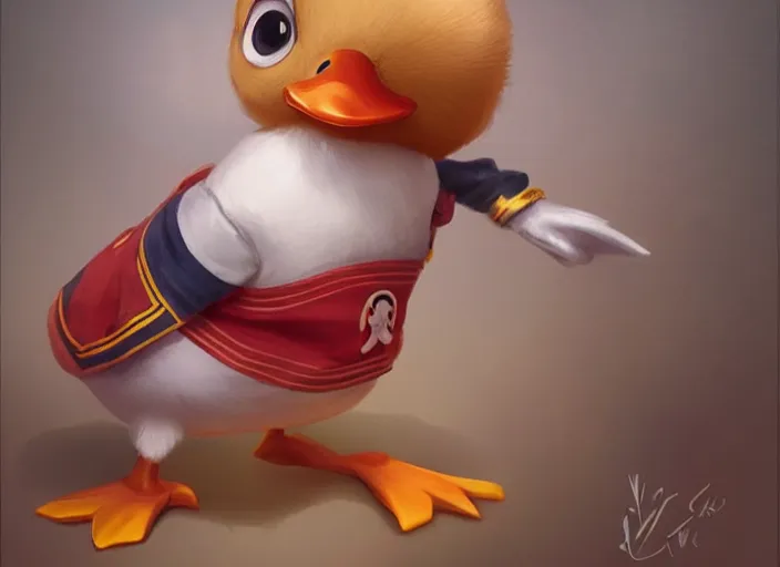 Image similar to award - winning detailed concept art of a cute iconic anthropomorphic little duck character wearing a sailor suit. art by wlop on bcy. net, realistic. detailed feathers, art by cheng yi. artstationhd, artgerm, disney pixar zootopia