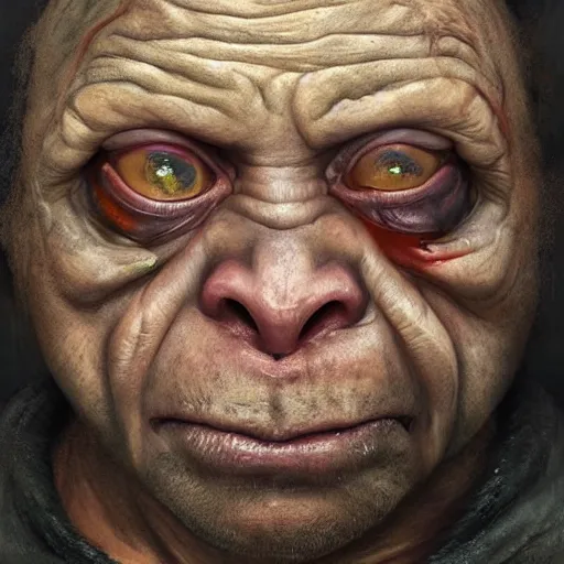 Image similar to hyperrealistic mixed media high resolution painting of Danny DeVito Gollum perched in a dark cave, stunning 3d render inspired art by Jamie Salmon and István Sándorfi and Unreal Engine and Greg Rutkowski, perfect facial symmetry, dim volumetric lighting, 8k octane beautifully detailed render, full body shot, post-processing, extremely hyper-detailed, intricate, epic composition, highly detailed attributes, highly detailed atmosphere, cinematic lighting, masterpiece, trending on artstation, very very detailed, masterpiece, stunning, flawless completion, lifelike texture, perfection,