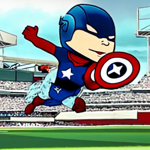 Prompt: a modern cartoon of jose ramirez as captain america flying around the bases at progressive field