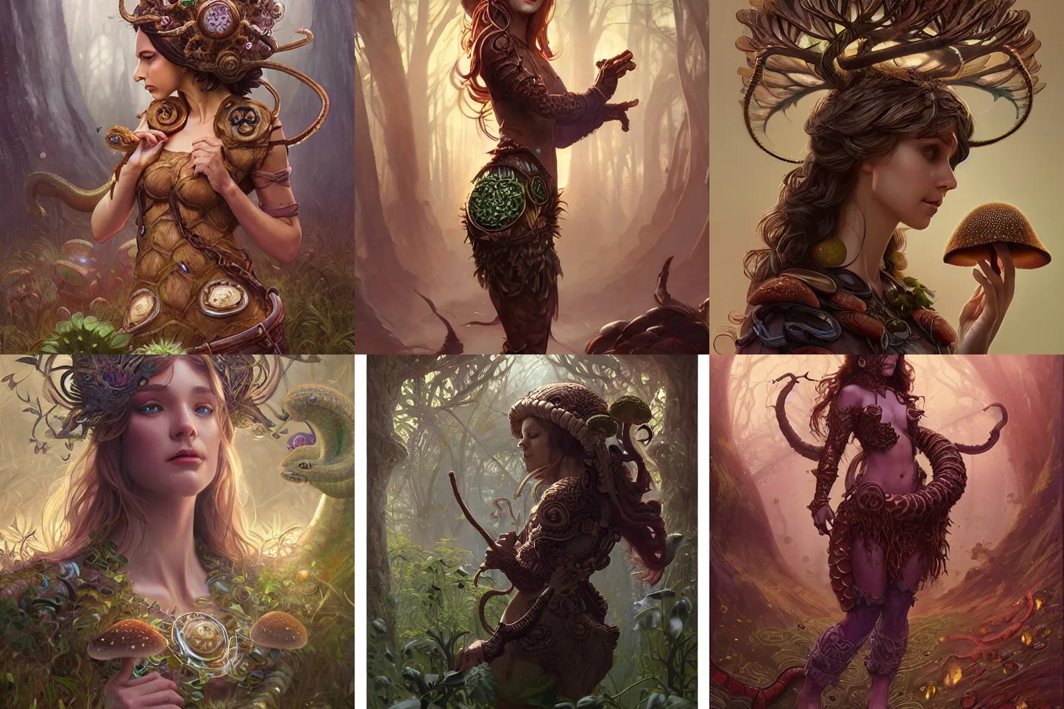 Prompt: a woman spore druid with mushroom themed clothing, fully clothed, pet snake, D&D, fantasy, intricate, cinematic lighting, highly detailed, digital painting, artstation, concept art, smooth, sharp focus, illustration, art by Artgerm and Greg Rutkowski and Alphonse Mucha