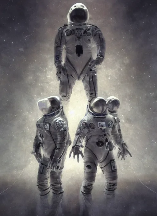 Image similar to astronauts in dark and empty void underwater - complex and hyperdetailed technical suit. reflection and dispersion materials. rays and dispersion of light. volumetric light. 5 0 mm, f / 3 2. noise film photo. flash photography. ultra realistic, wide angle. poster by wayne barlowe, hajime sorayama aaron horkey, craig mullins