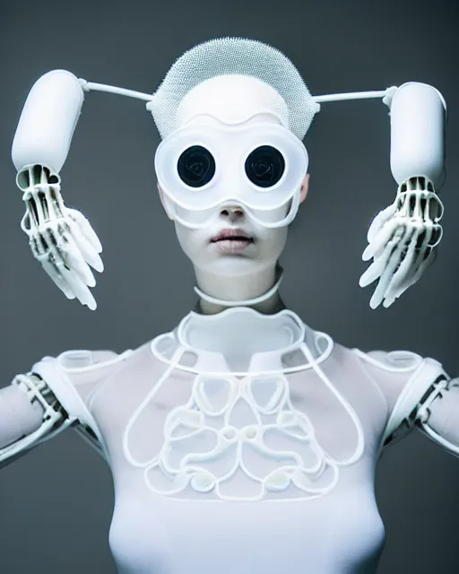 Image similar to symmetrical portrait of a woman wearing a white embroidered translucent silicone mask and white frizzy hair buns, wearing a black bodysuit by alexander mcqueen, standing in a sterile room full of translucent silicone flowers and plants, white background, soft diffused light, biotechnology, humanoide robot, futuristic aesthetic, translucent, ethereal, intricate details, highly detailed, masterpiece,