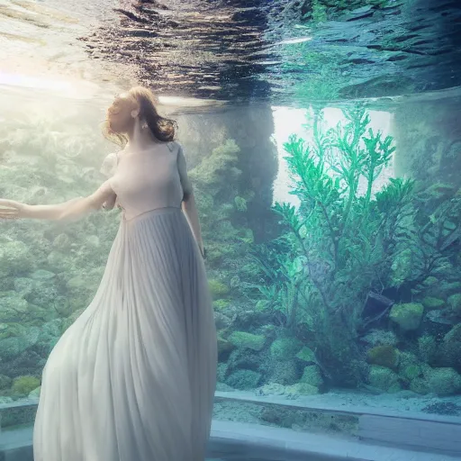 Image similar to photo by monia merlo, a woman wearing a giant inflated clear plastic dress containing an aquarium, backlit, 4 d, 4 k, volumetric lighting, photorealistic, light ray, hyperdetailed