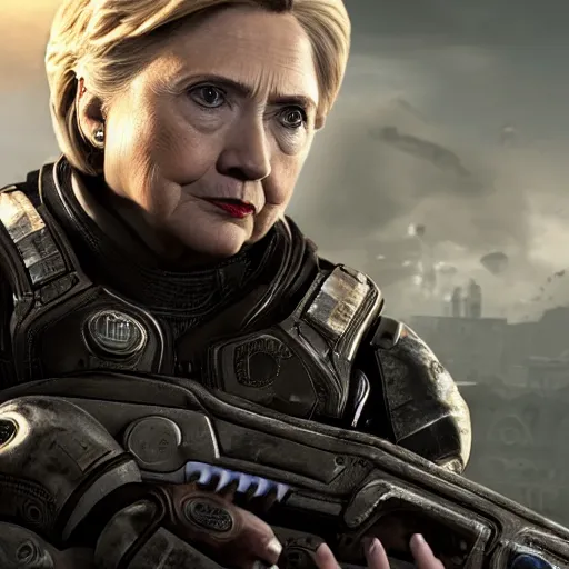 Image similar to hillary clinton in gears of war, splash art, movie still, detailed face, photorealistic facial features, cinematic lighting, dramatic, octane render, long lens, shallow depth of field, bokeh, anamorphic lens flare, 8 k, hyper detailed, 3 5 mm film grain