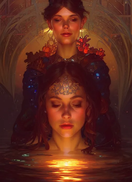 Image similar to water, glowing lights!! intricate elegant, highly detailed, digital painting, artstation, concept art, smooth, sharp focus, illustration, art by artgerm and greg rutkowski and alphonse mucha