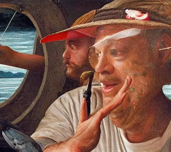 Image similar to Tom hanks as forrest fishing for shrimp in a giant shrimp boat, majestic beautiful world, renaissance painting, amazing detail