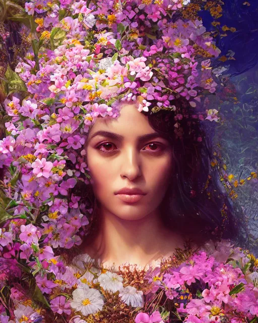 Image similar to portrait of a middle eastern girl, surrounded by flowers by karol bak, james jean, tom bagshaw, rococo, sharp focus, trending on artstation, cinematic lighting, hyper realism, octane render, 8 k, hyper detailed.