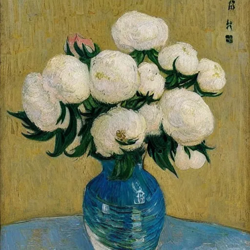 Image similar to atmospheric beautiful bouquet of white delicate peonies in the sunny room of his beloved wife, wang gogh wrote