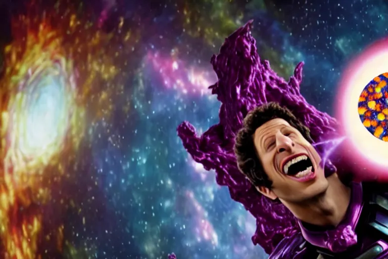 Prompt: a cinematic still of ((andy samberg)) ferociously eating a galaxy, galactus!!!!, masterpiece, (monster), (empty black void)