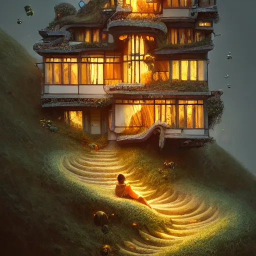 Prompt: small hillside house made of honey and milk, modern lighting, hyper - detailed, 8 k, octane rendered, art nouveau, organic, flowing, impossible torsion, writhing, dusk, lush, dynamic, in the style of ross tran and jean baptiste monge