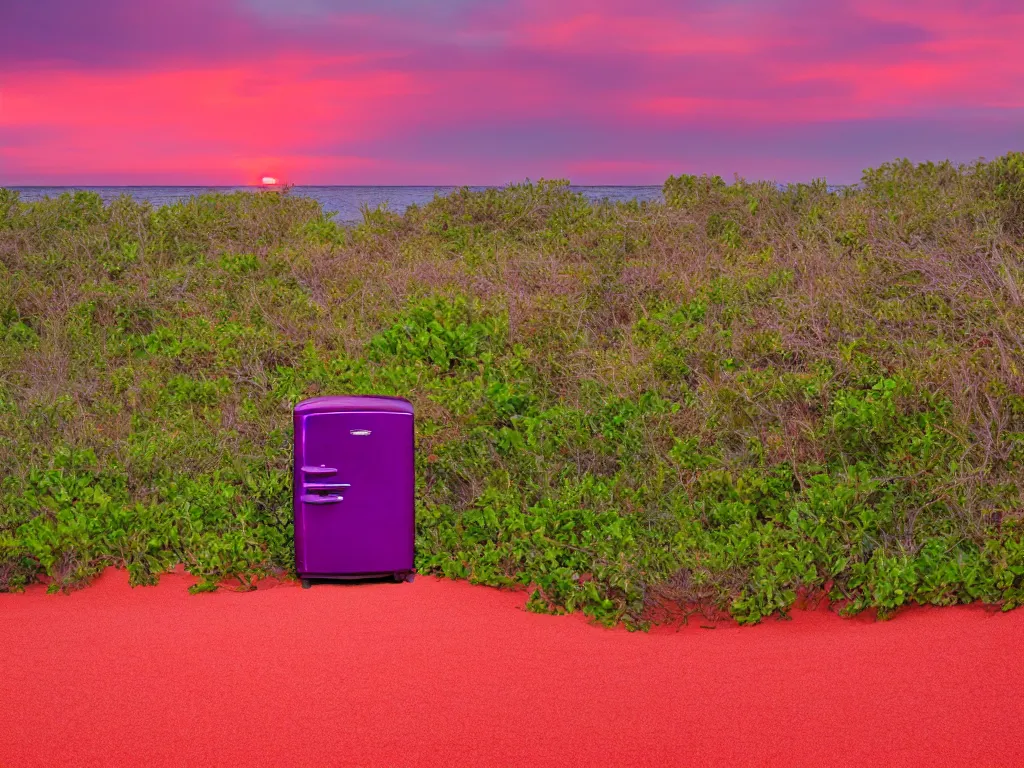 Image similar to purple refrigerator, red sand beach, green ocean, nebula sunset