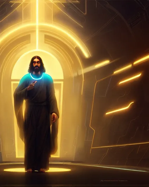 Image similar to tron legacy jesus performing miracles for a crowd, face, diffuse lighting, hyper realistic, concept art, intricate, hyper detailed, smooth, sharp focus, illustration, artstation, art by greg rutkowski and james gurney and alphonse mucha