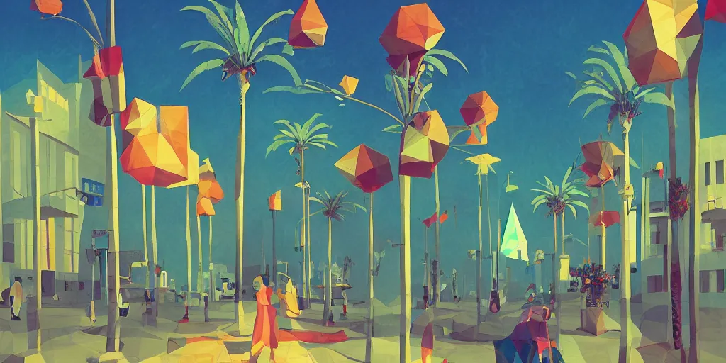 Prompt: low poly, pixar, tel aviv street, bauhaus, palm trees, nostalgia for a fairytale, magic realism, flowerpunk, mysterious vivid colors by andy kehoe and amanda clarke