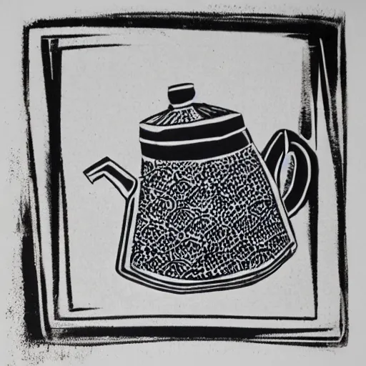 Image similar to teapot, block print, simple stylized, black ink on white paper